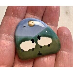 Ceramic Brooch Hand Painted Two Sheep in a Pasture Country Farms Cottagecore Pin